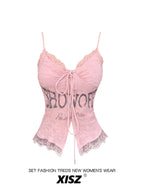 Women's Pink Lace Letter Print V-Neck Lace-Up Slim Fit Cami Top