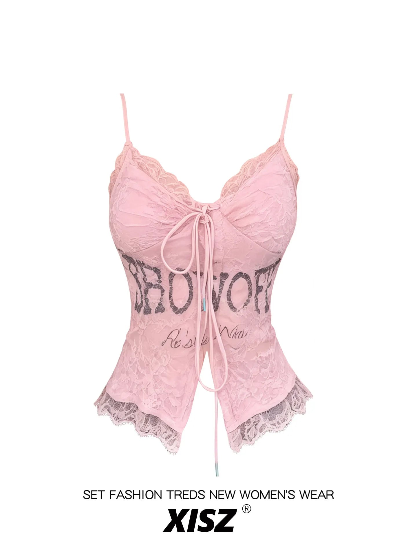 Women's Pink Lace Letter Print V-Neck Lace-Up Slim Fit Cami Top