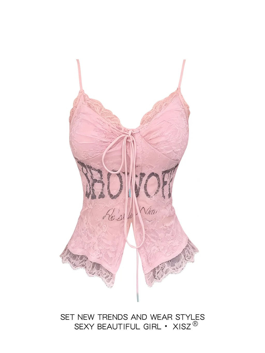 Women's Pink Lace Letter Print V-Neck Lace-Up Slim Fit Cami Top