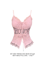 Women's Pink Lace Letter Print V-Neck Lace-Up Slim Fit Cami Top