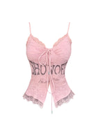 Women's Pink Lace Letter Print V-Neck Lace-Up Slim Fit Cami Top