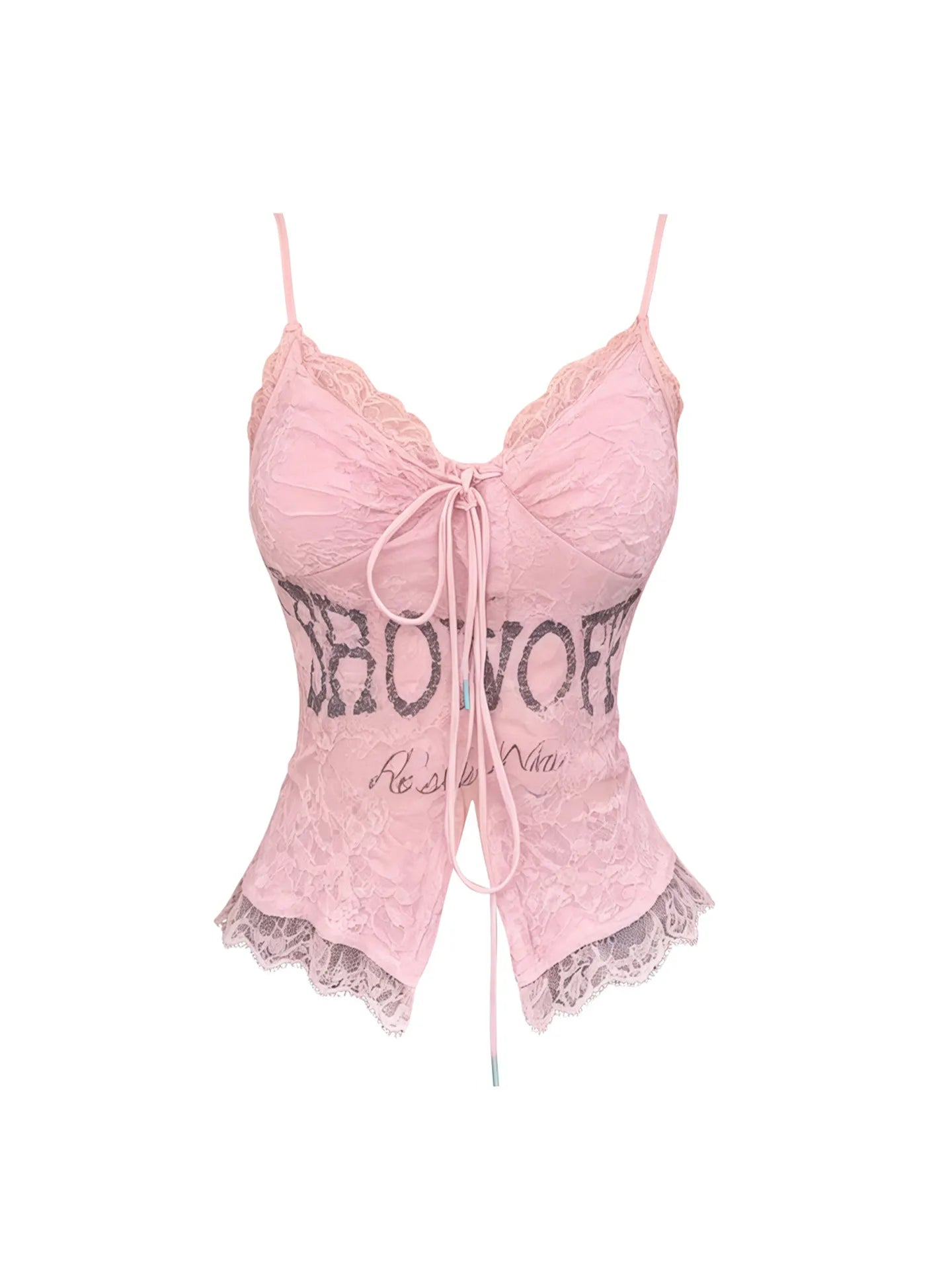 Women's Pink Lace Letter Print V-Neck Lace-Up Slim Fit Cami Top