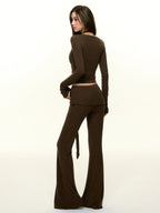 Women's Polka Dot Halter Top Knit Cardigan and Flared Pants Set