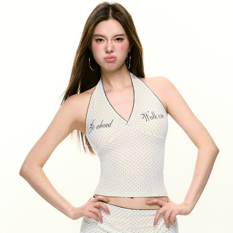 Women's Polka Dot Halter Top Knit Cardigan and Flared Pants Set