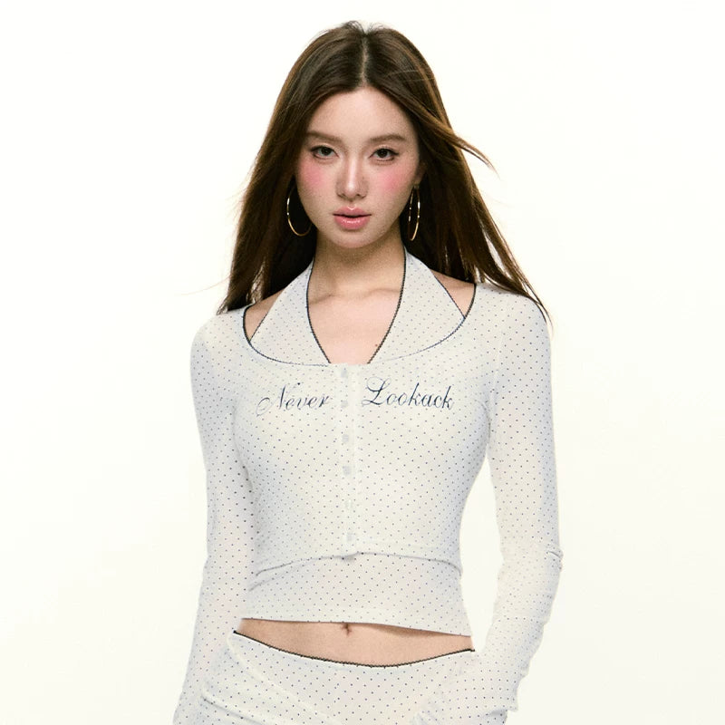 Women's Polka Dot Halter Top Knit Cardigan and Flared Pants Set