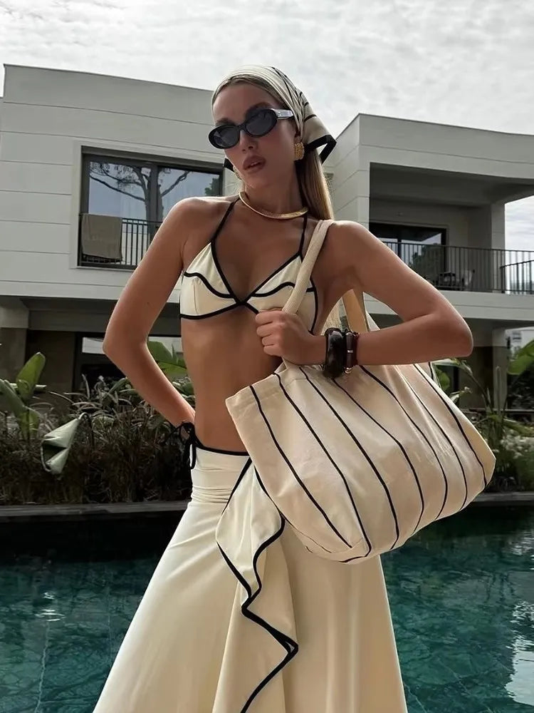 Women's Printed Belted Swimwear Bikini and Beach Dress Three-Piece Set