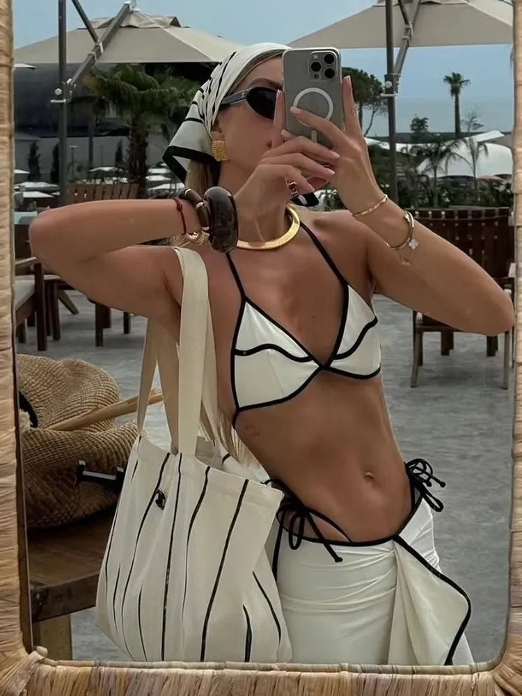 Women's Printed Belted Swimwear Bikini and Beach Dress Three-Piece Set