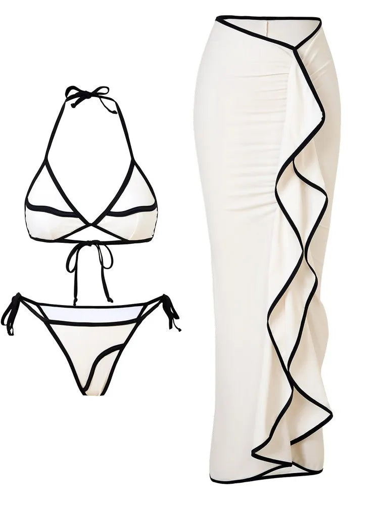 Women's Printed Belted Swimwear Bikini and Beach Dress Three-Piece Set