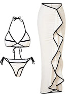 Women's Printed Belted Swimwear Bikini and Beach Dress Three-Piece Set