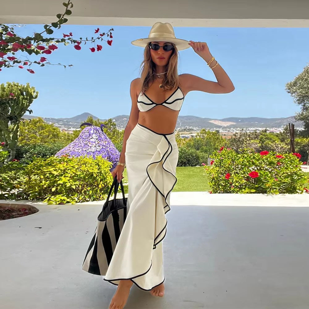 Women's Printed Belted Swimwear Bikini and Beach Dress Three-Piece Set