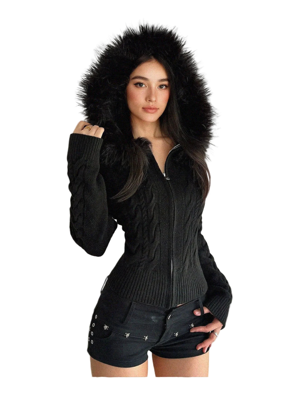 Women's Retro Black Fur Collar Cable Knit Zip Up Sweater Jacket