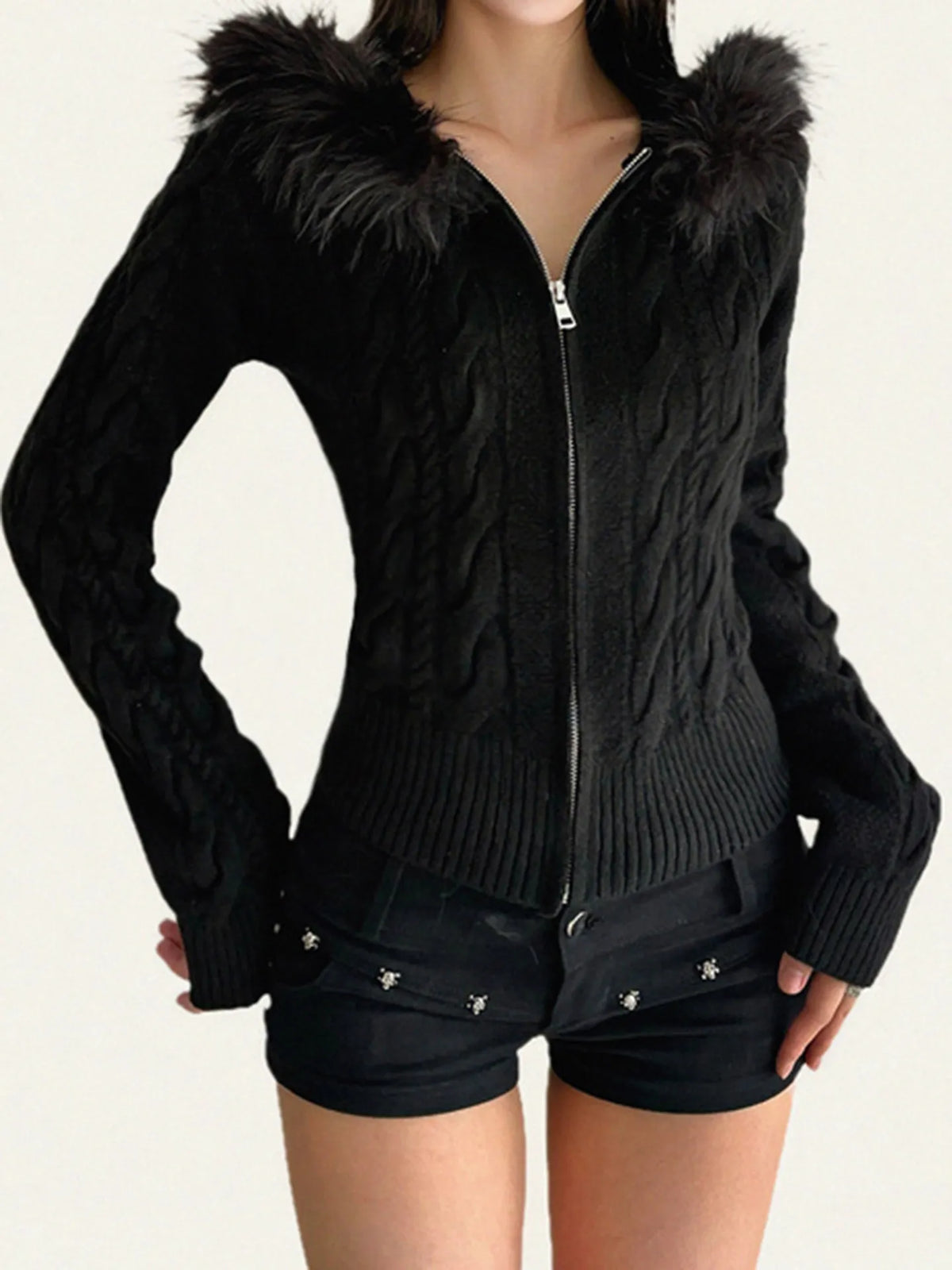 Women's Retro Black Fur Collar Cable Knit Zip Up Sweater Jacket