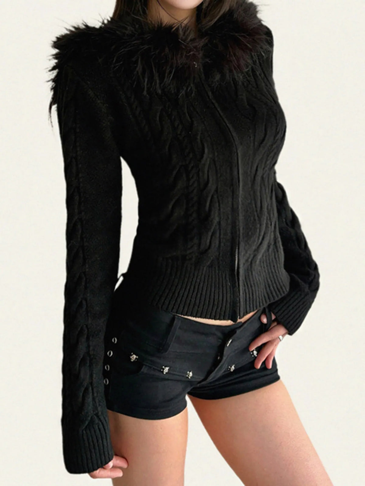 Women's Retro Black Fur Collar Cable Knit Zip Up Sweater Jacket