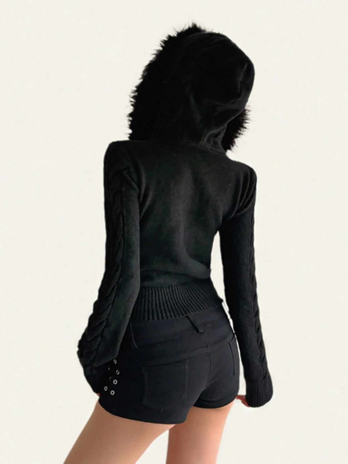 Women's Retro Black Fur Collar Cable Knit Zip Up Sweater Jacket