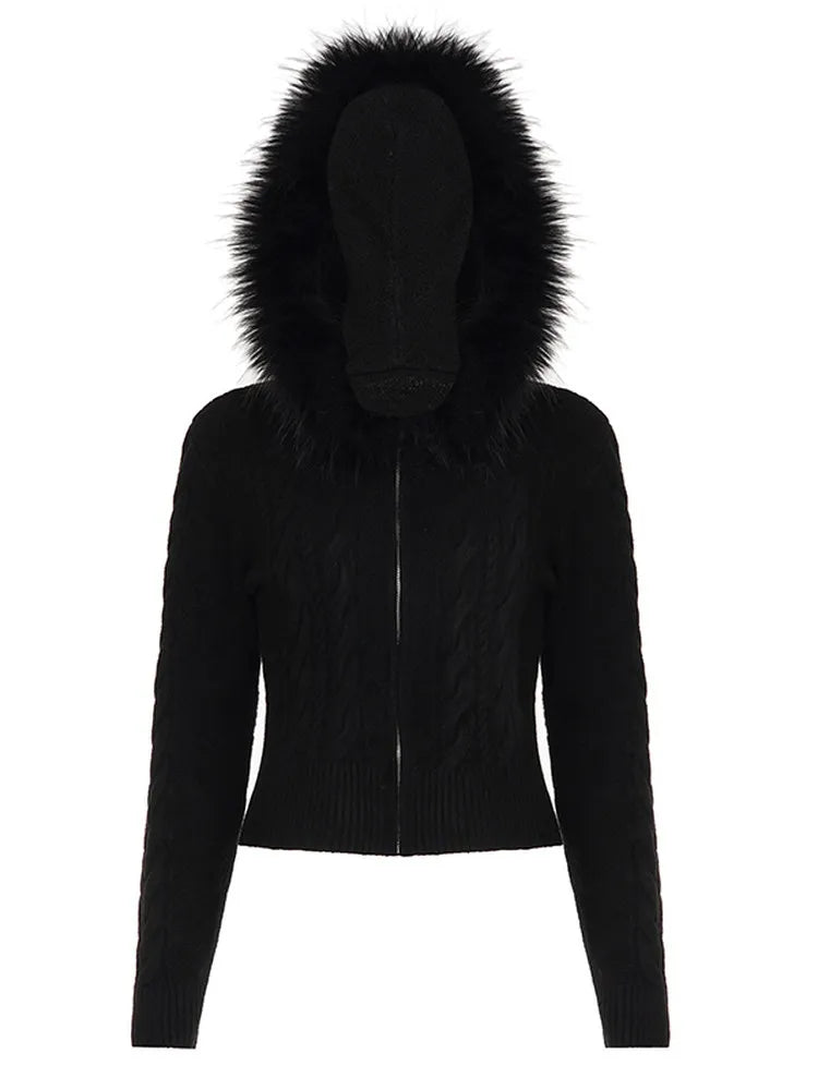 Women's Retro Black Fur Collar Cable Knit Zip Up Sweater Jacket