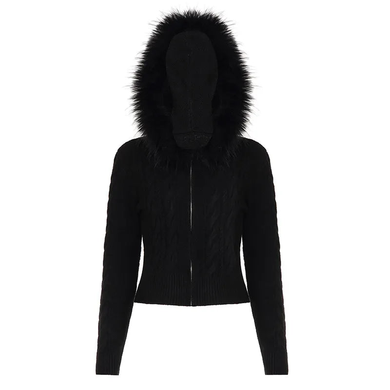 Women's Retro Black Fur Collar Cable Knit Zip Up Sweater Jacket