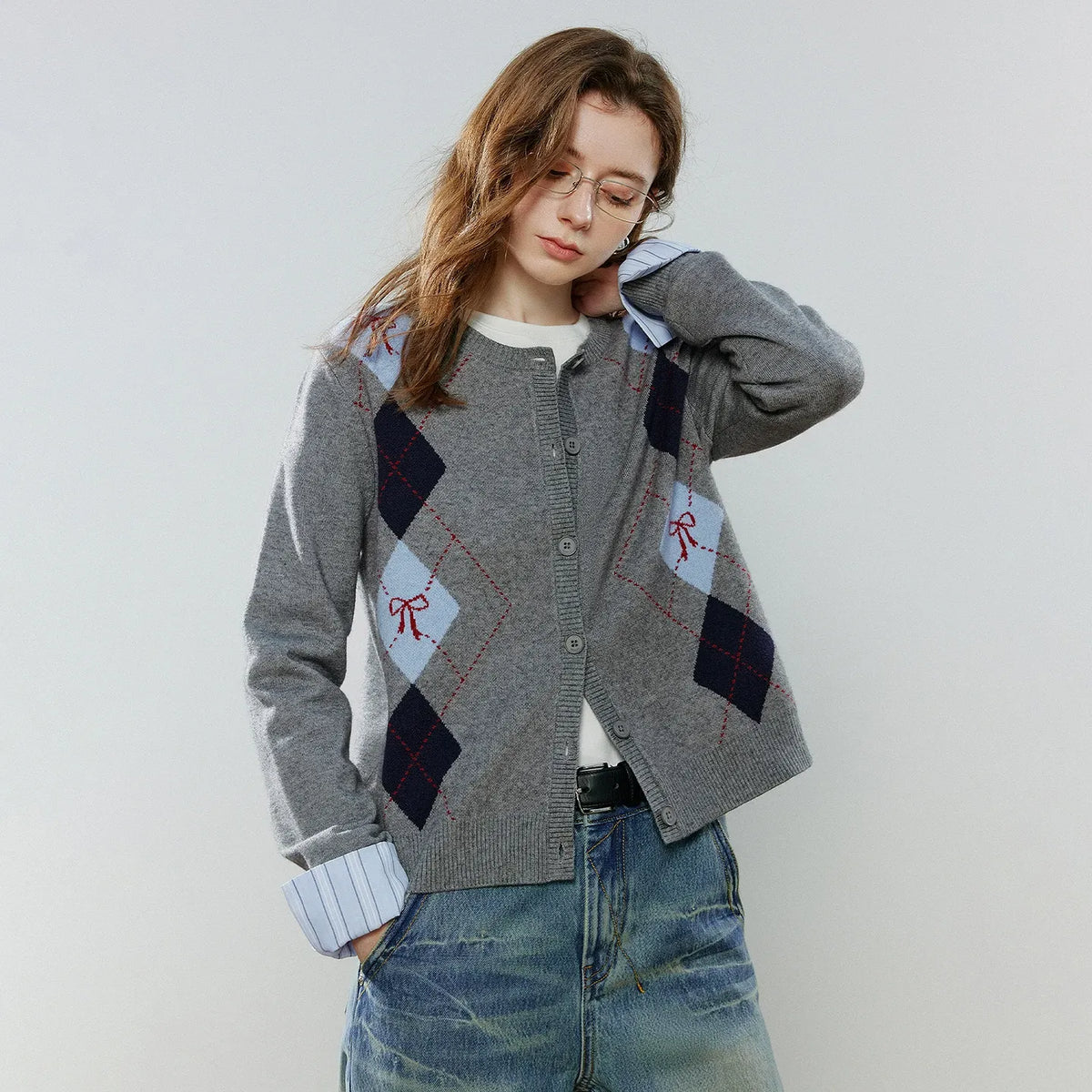 Women's Retro Crew Neck Jacquard Knit Cardigan Top