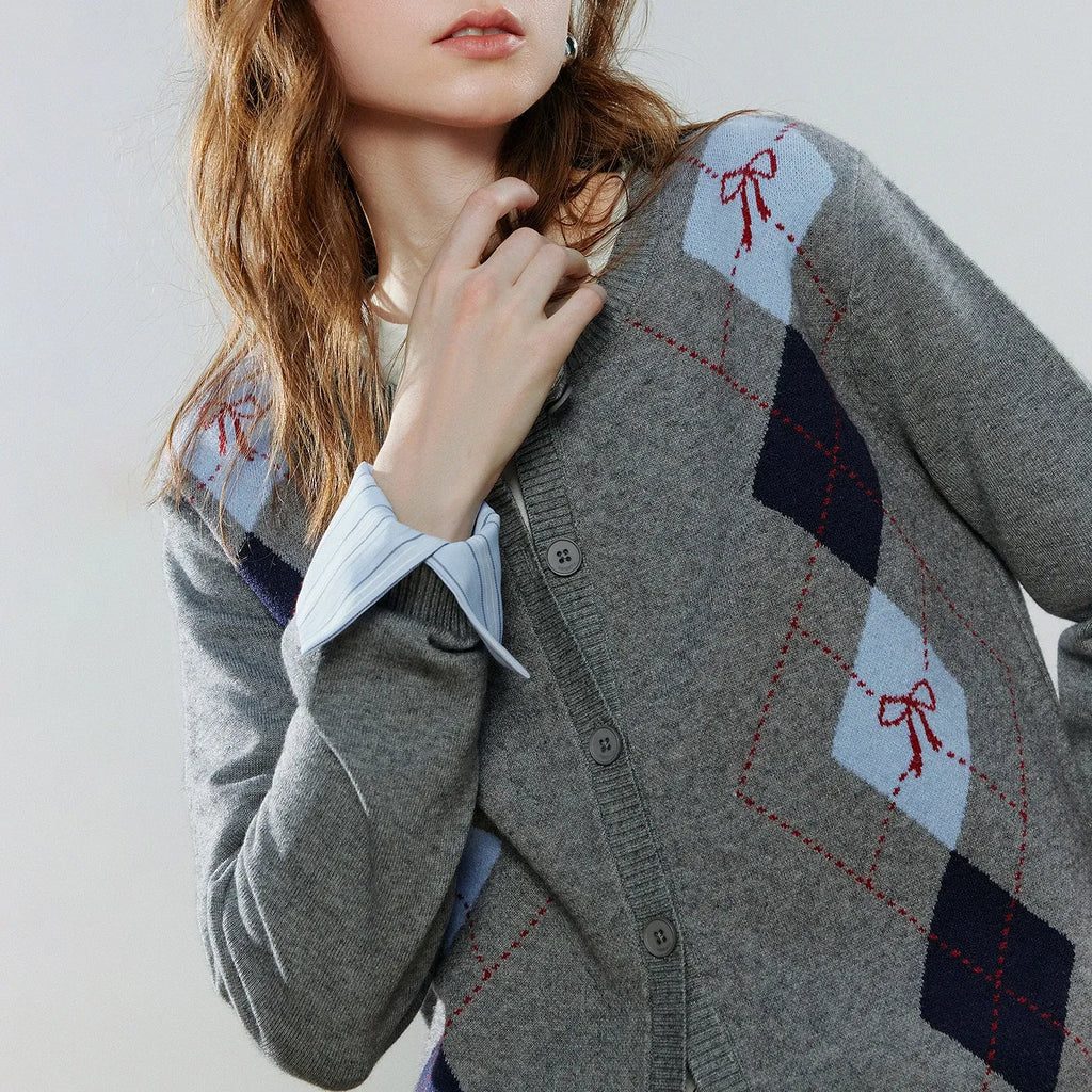 Women's Retro Crew Neck Jacquard Knit Cardigan Top