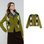 Women's Retro Crew Neck Jacquard Knit Cardigan Top