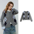 Women's Retro Crew Neck Jacquard Knit Cardigan Top