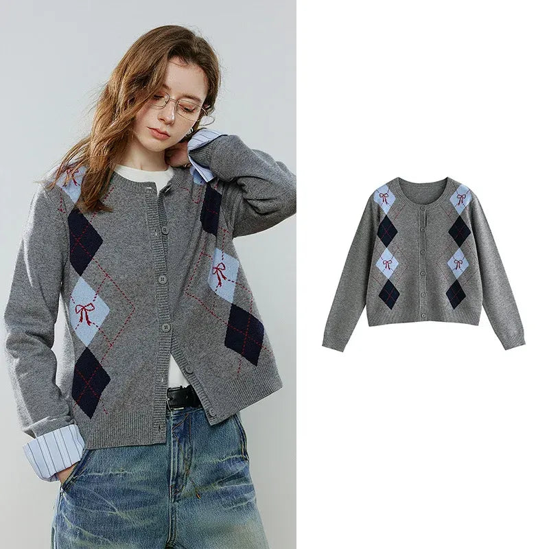 Women's Retro Crew Neck Jacquard Knit Cardigan Top