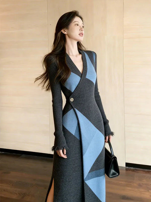 Women's Retro Geometric V-Neck Colorblock Long Sleeve Slim Fit Dress