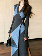 Women's Retro Geometric V-Neck Colorblock Long Sleeve Slim Fit Dress