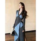 Women's Retro Geometric V-Neck Colorblock Long Sleeve Slim Fit Dress