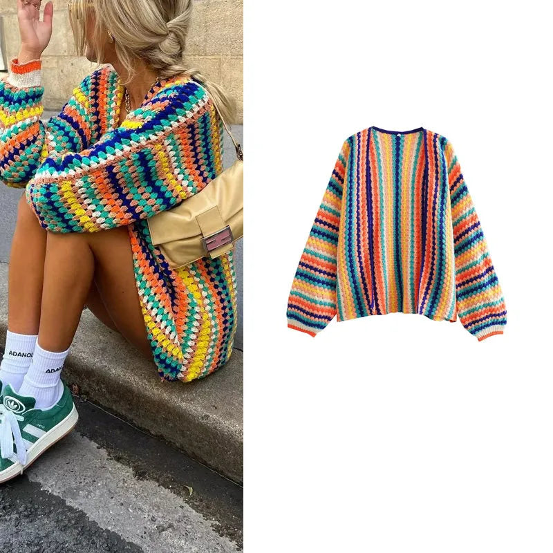 Women's Retro Hand-Crocheted Colorful Striped Knit Vest Cardigan