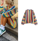 Women's Retro Hand-Crocheted Colorful Striped Knit Vest Cardigan
