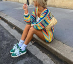Women's Retro Hand-Crocheted Colorful Striped Knit Vest Cardigan