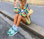 Women's Retro Hand-Crocheted Colorful Striped Knit Vest Cardigan