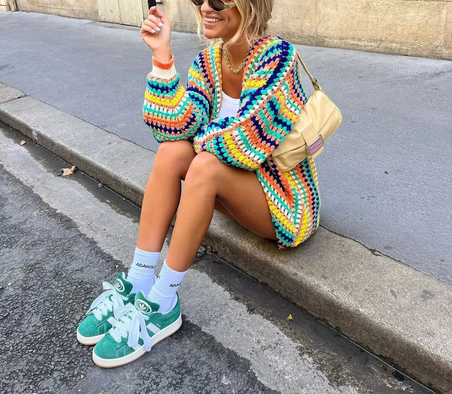 Women's Retro Hand-Crocheted Colorful Striped Knit Vest Cardigan