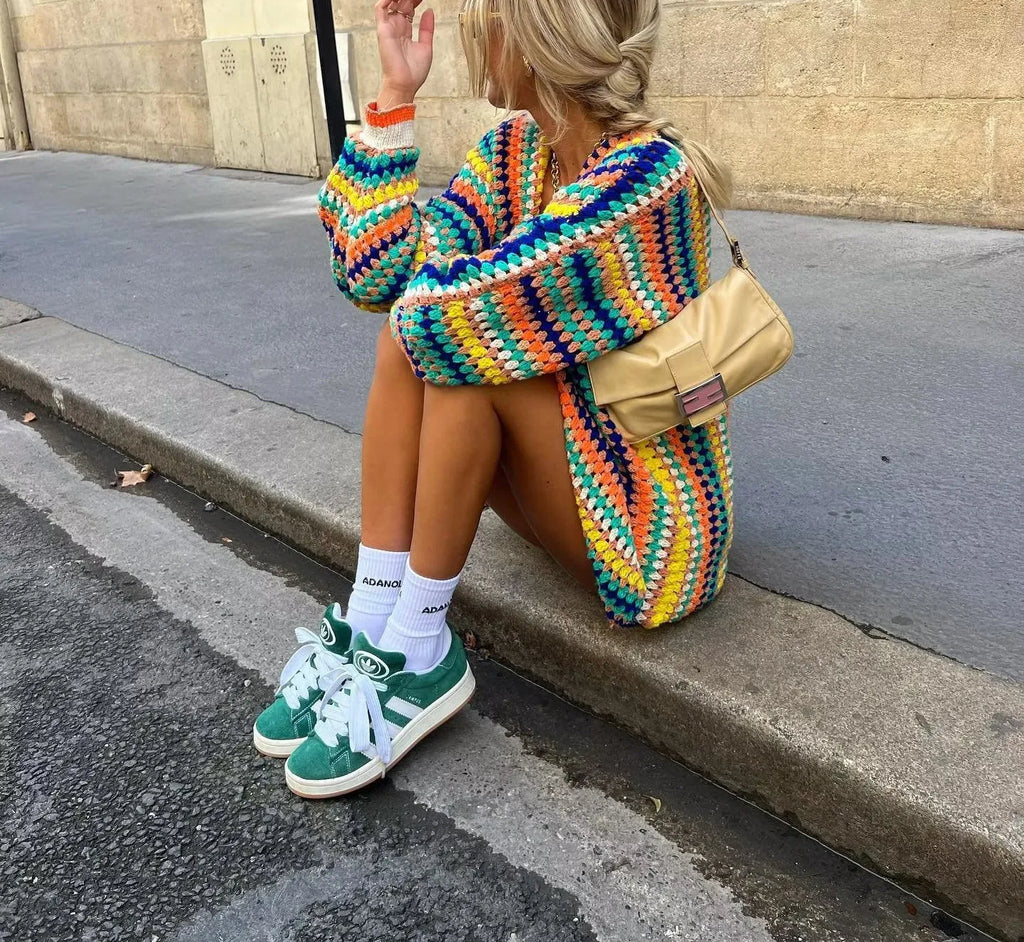 Women's Retro Hand-Crocheted Colorful Striped Knit Vest Cardigan