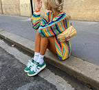 Women's Retro Hand-Crocheted Colorful Striped Knit Vest Cardigan