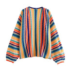 Women's Retro Hand-Crocheted Colorful Striped Knit Vest Cardigan