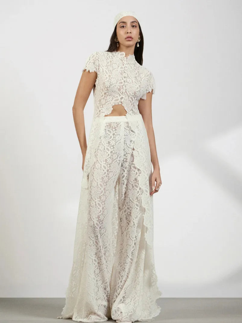 Women's Retro Lace Long Cardigan Straight Trousers Set Main image