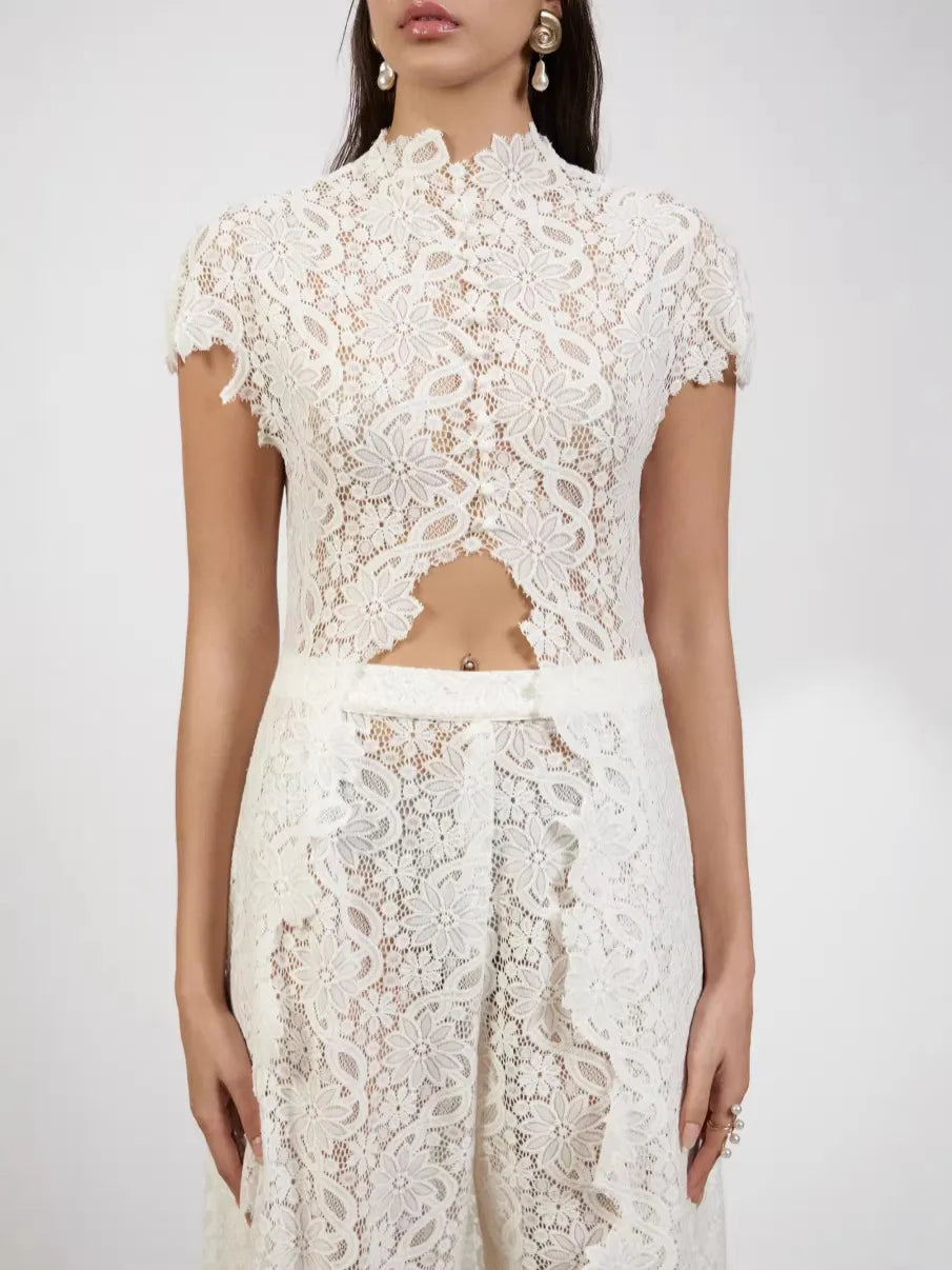 Women's Retro Lace Long Cardigan Straight Trousers Set Secondary image
