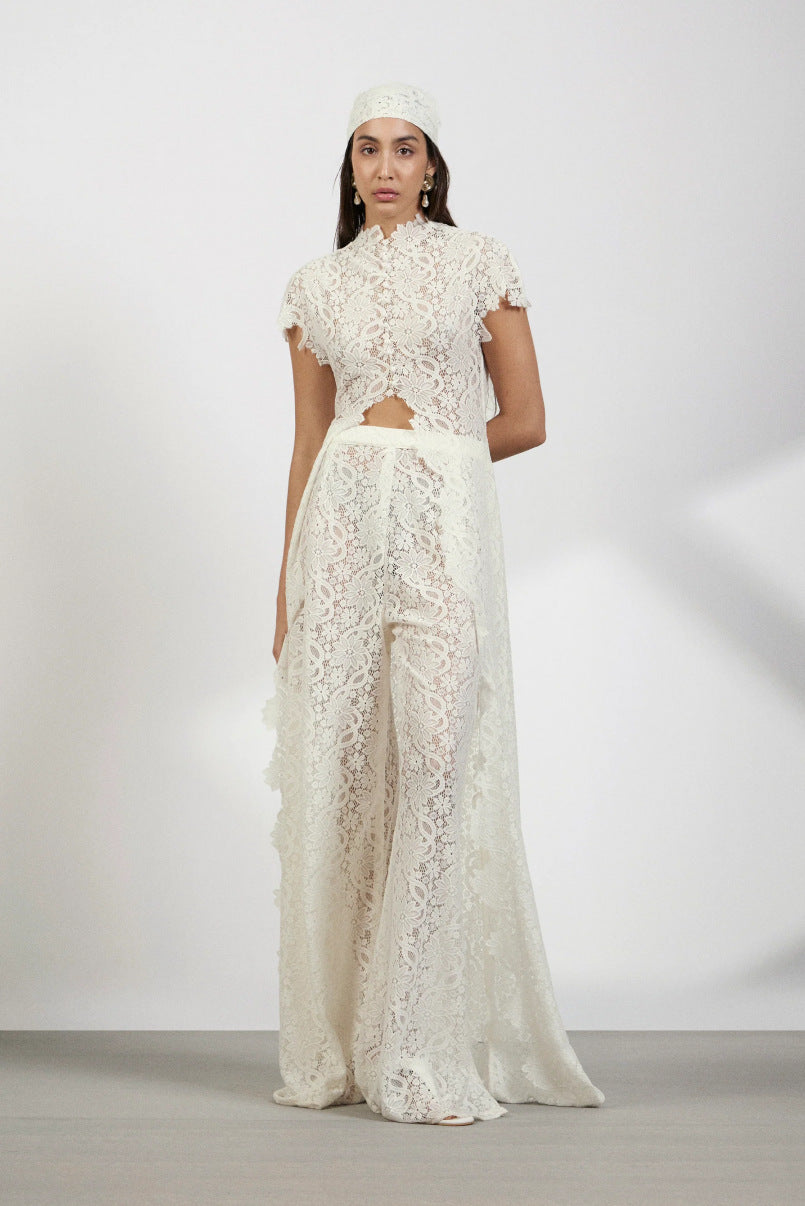Women's Retro Lace Long Cardigan Straight Trousers Set