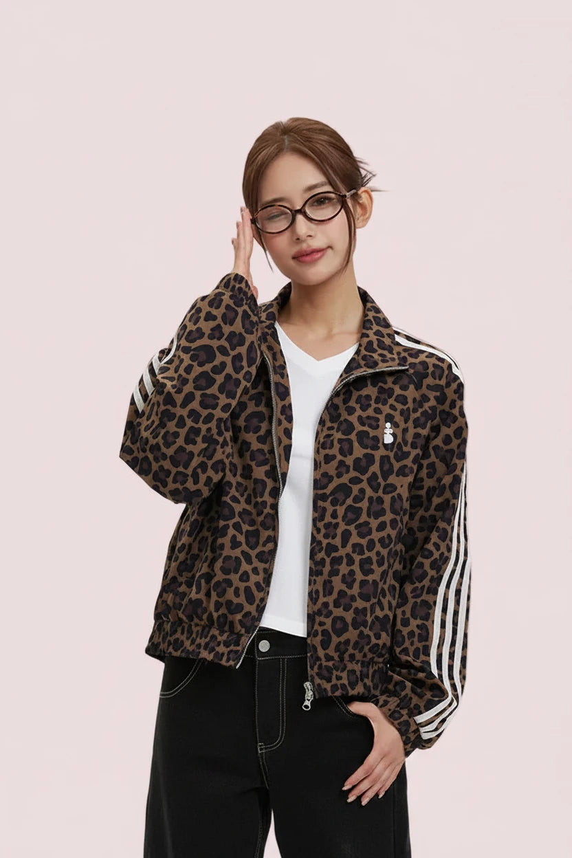 Women's Retro Leopard Print Stand Collar Cropped Jacket