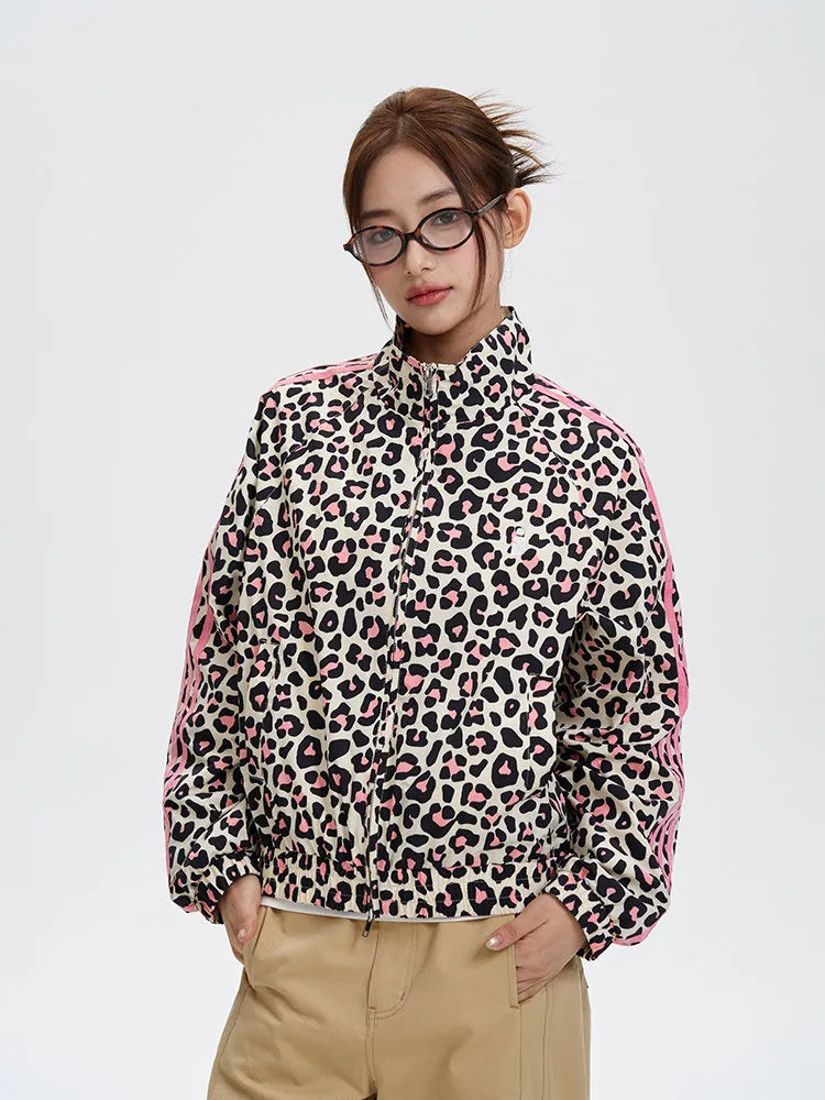 Women's Retro Leopard Print Stand Collar Cropped Jacket