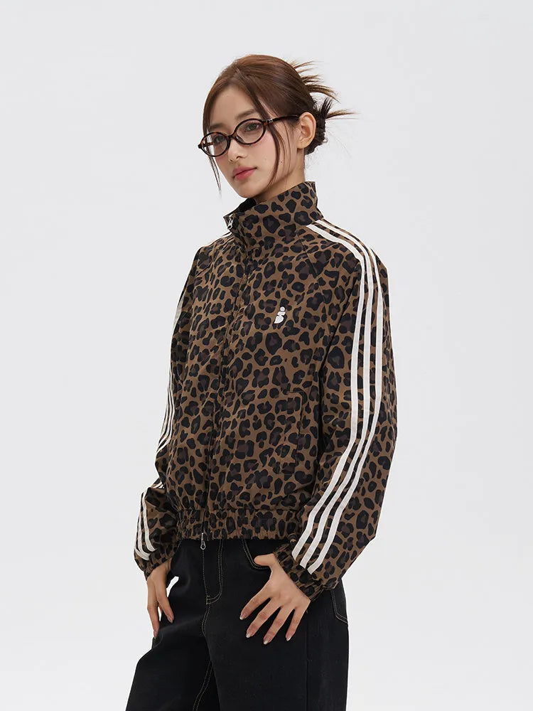 Women's Retro Leopard Print Stand Collar Cropped Jacket