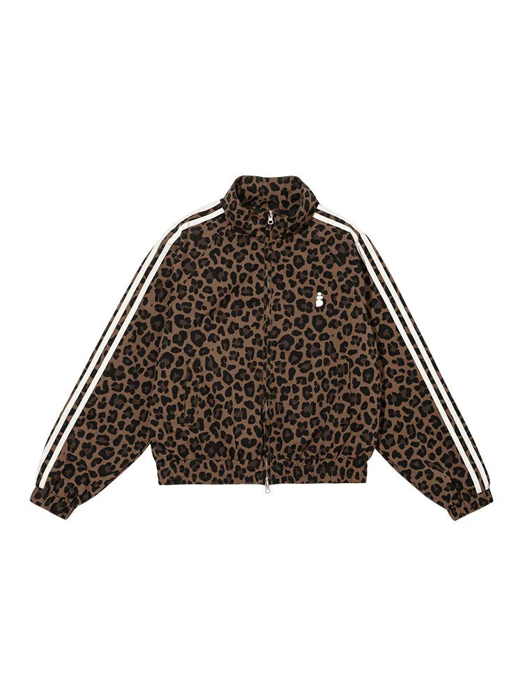 Women's Retro Leopard Print Stand Collar Cropped Jacket
