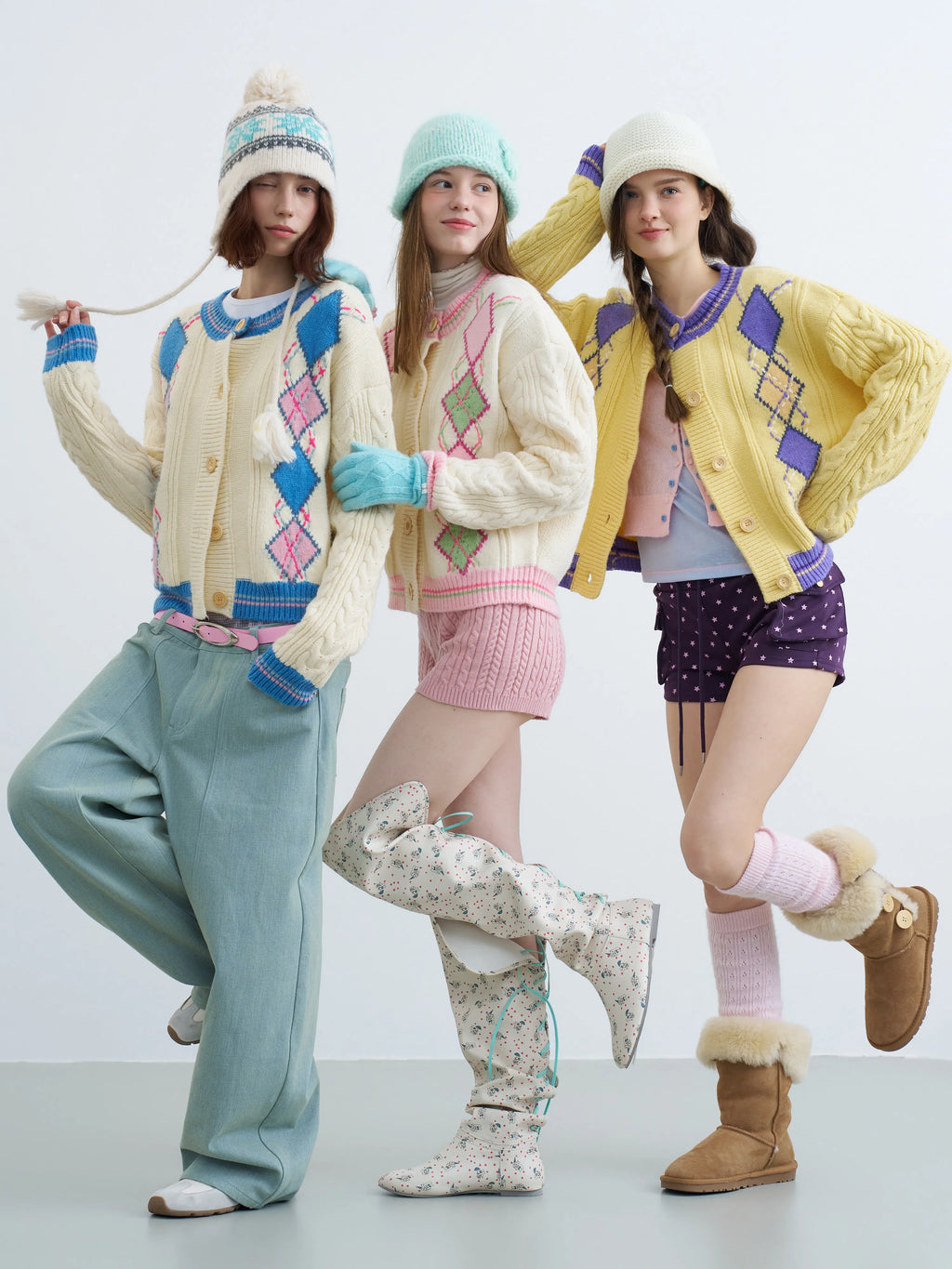Women's Retro Preppy Argyle Cable Knit Cardigan Sweater