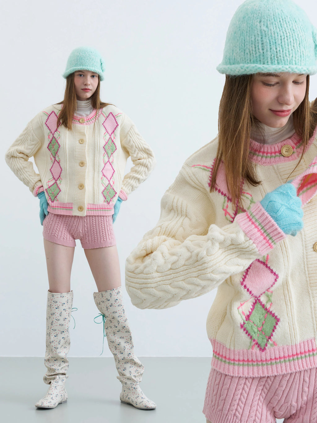 Women's Retro Preppy Argyle Cable Knit Cardigan Sweater