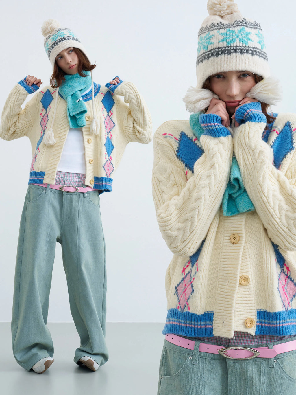 Women's Retro Preppy Argyle Cable Knit Cardigan Sweater