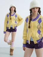 Women's Retro Preppy Argyle Cable Knit Cardigan Sweater