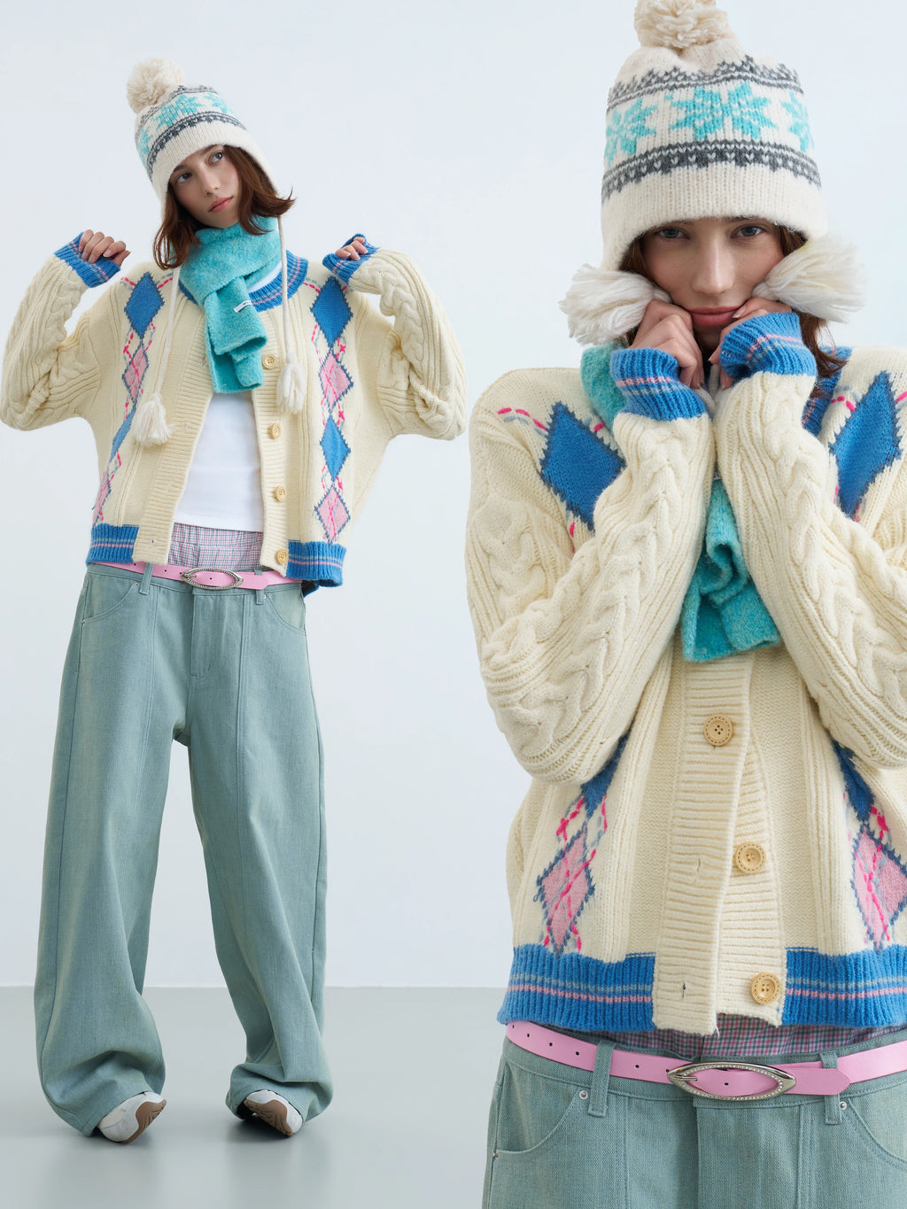 Women's Retro Preppy Argyle Cable Knit Cardigan Sweater