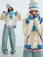 Women's Retro Preppy Argyle Cable Knit Cardigan Sweater