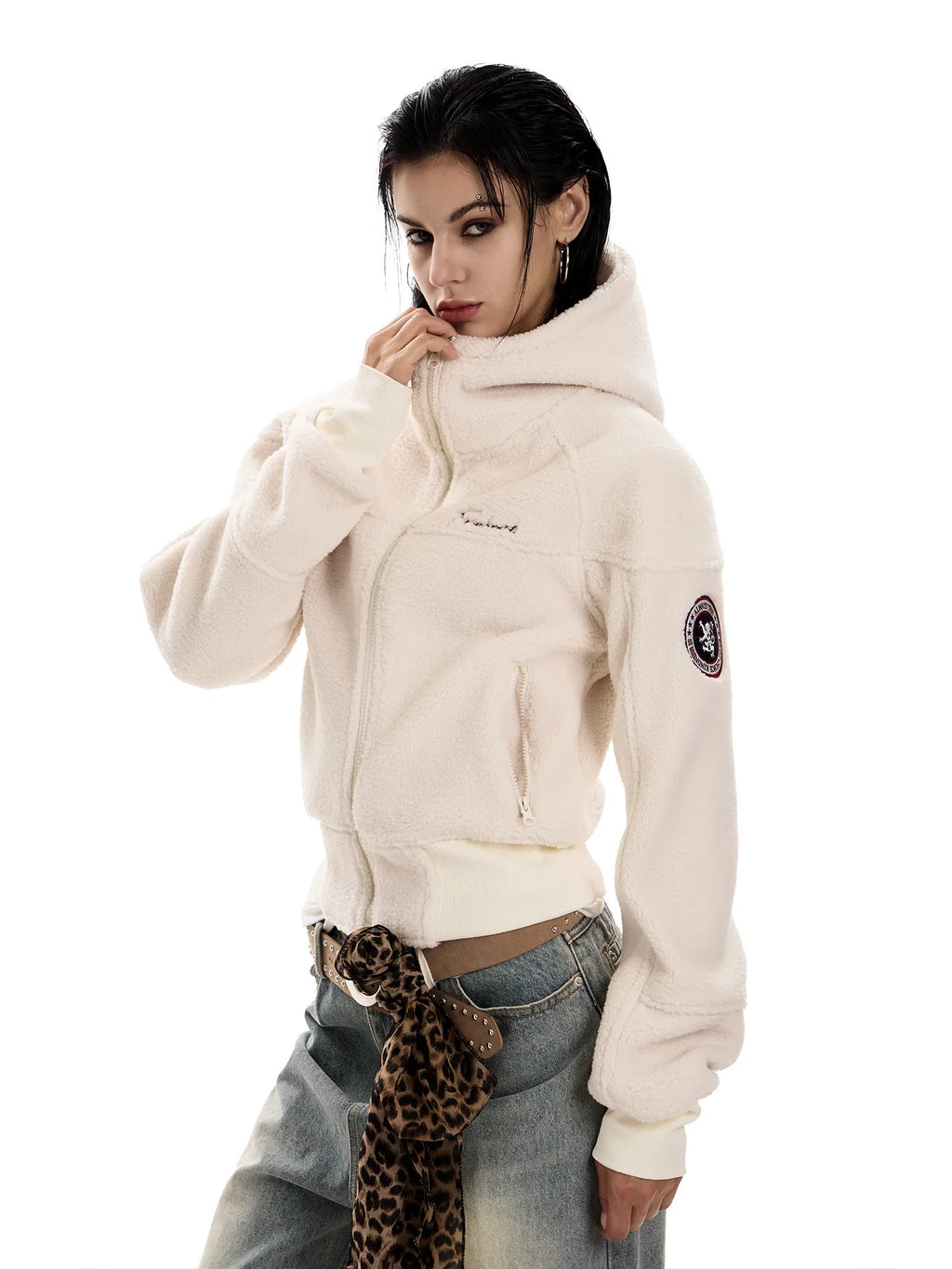 Women's Retro Sherpa Fleece Cropped Hooded Jacket